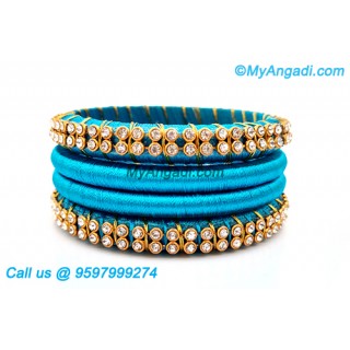 Blue Colour Silk Thread Bangles with Gold Jari