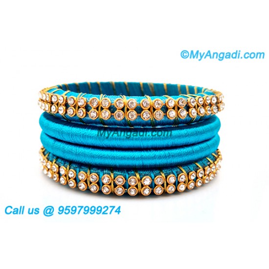 Blue Colour Silk Thread Bangles with Gold Jari