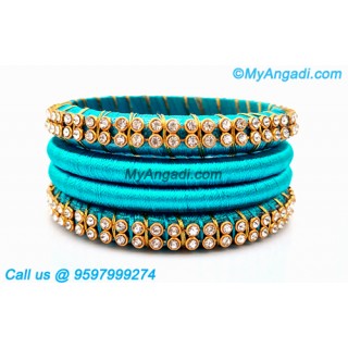 Turquoise Blue Colour Silk Thread Bangles with Gold Jari