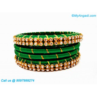 Dark Green Silk Thread Bangles with Gold Jari