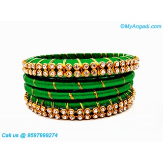 Green Colour Silk Thread Bangles with Gold Jari