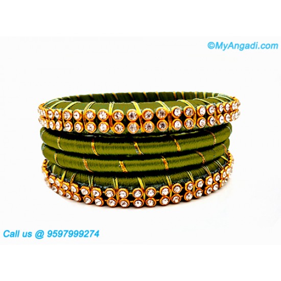 Olive Green Colour Silk Thread Bangles with Gold Jari