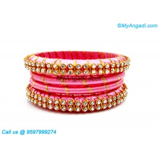 Rose Colour Silk Thread Bangles with Gold Jari