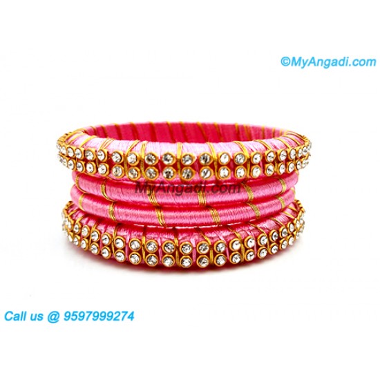 Rose Colour Silk Thread Bangles with Gold Jari