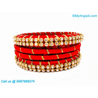 Red Colour Silk Thread Bangles with Gold Jari