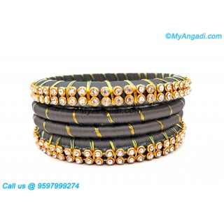 Grey Colour Silk Thread Bangles with Gold Jari