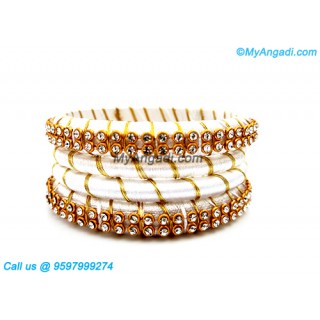 White Colour Silk Thread Bangles with Gold Jari