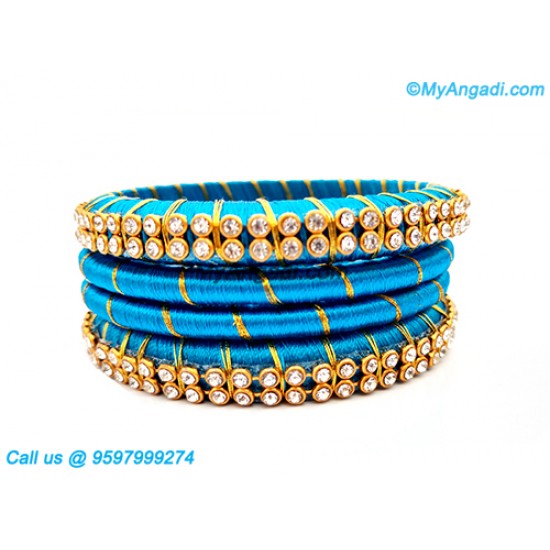 Blue Colour Silk Thread Bangles with Gold Jari