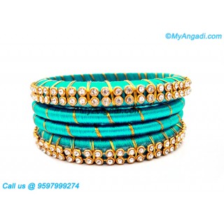 Turquoise Blue Colour Silk Thread Bangles with Gold Jari