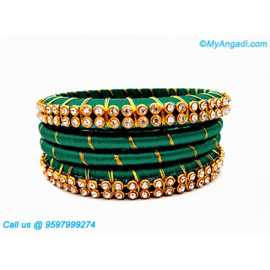 Teal Green Colour Silk Thread Bangles with Gold Jari