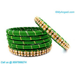 Green Colour Silk Thread Bangles with Gold Jari