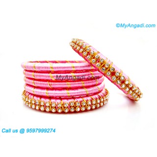 Rose Colour Silk Thread Bangles with Gold Jari