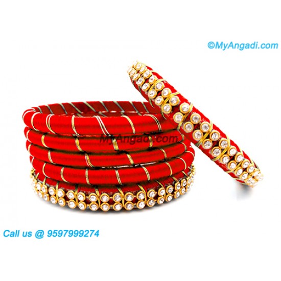 Red Colour Silk Thread Bangles with Gold Jari