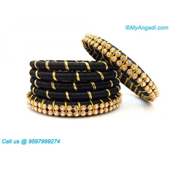 Black colour Silk Thread Bangles with Gold Jari