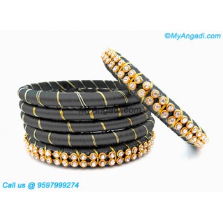 Grey Colour Silk Thread Bangles with Gold Jari