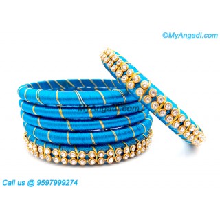 Blue Colour Silk Thread Bangles with Gold Jari