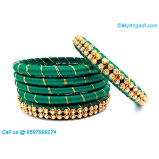 Teal Green Colour Silk Thread Bangles with Gold Jari