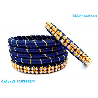 Dark Blue Colour Silk Thread Bangles with Gold Jari