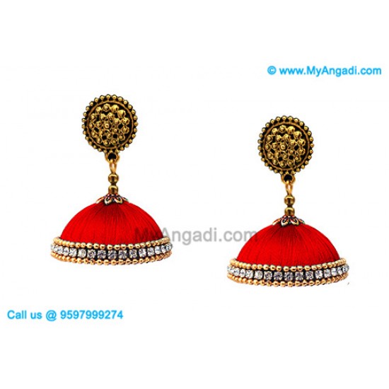 Red Colour Silk Thread Jhumukka Earrings