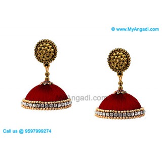 Maroon Colour Silk Thread Jhumukka Earrings