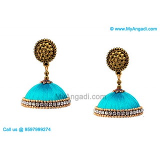 Turquoise Blue Colour Silk Thread Jhumukka Earrings