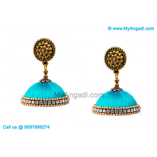 Turquoise Blue Colour Silk Thread Jhumukka Earrings