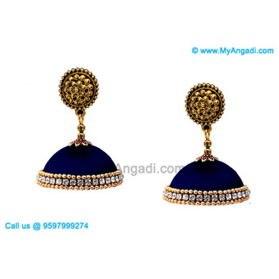 Dark Blue Colour Silk Thread Jhumukka Earrings