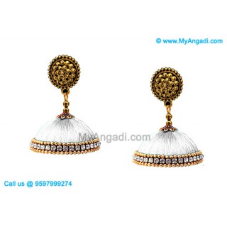 White Colour Silk Thread Jhumukka Earrings