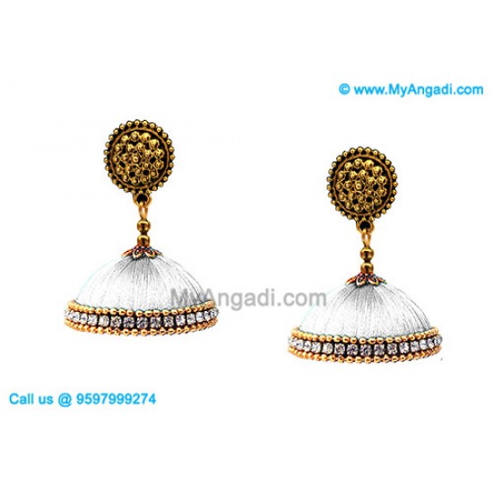 White Colour Silk Thread Jhumukka Earrings White Colour Silk Thread Jhumukka Earrings