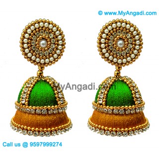 Lime Green - Golden Combination Silk Thread Jhumukka Earrings