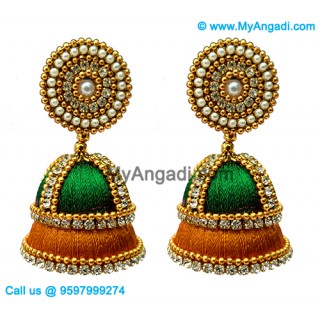 Green Colour - Golden Combination Silk Thread Jhumukka Earrings