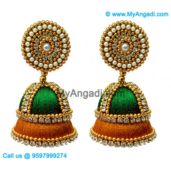 Green Colour - Golden Combination Silk Thread Jhumukka Earrings