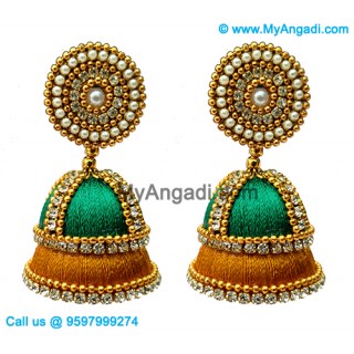 Teal Green Colour - Golden Combination Silk Thread Jhumukka Earrings