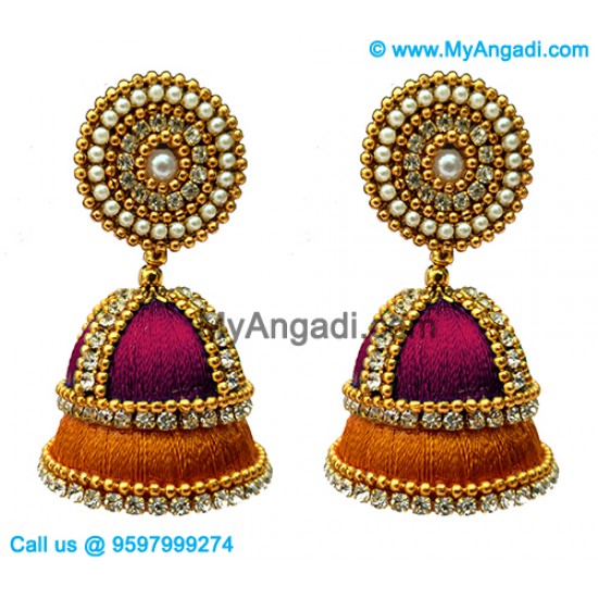 Majenta Colour - Golden Combination Silk Thread Jhumukka Earrings