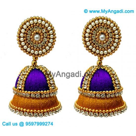 Violet Colour - Golden Combination Silk Thread Jhumukka Earrings Violet Colour - Golden Combination Silk Thread Jhumukka Earrings