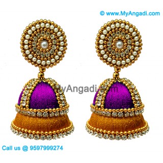 Purple Colour - Golden Combination Silk Thread Jhumukka Earrings
