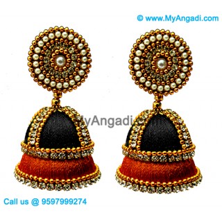 Black colour - Golden Combination Silk Thread Jhumukka Earrings