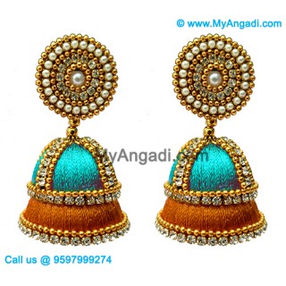 Turquoise Blue Colour - Golden Combination Silk Thread Jhumukka Earrings