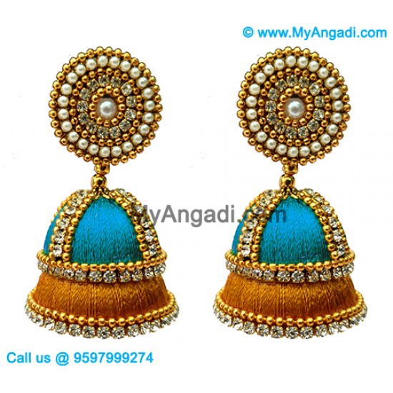 Blue Colour - Golden Combination Silk Thread Jhumukka Earrings Blue Colour - Golden Combination Silk Thread Jhumukka Earrings
