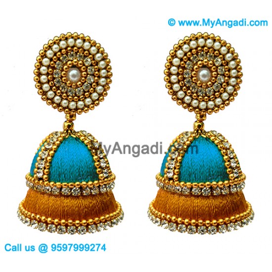 Blue Colour - Golden Combination Silk Thread Jhumukka Earrings