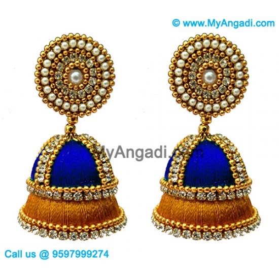 Royal Blue Colour - Golden Combination Silk Thread Jhumukka Earrings