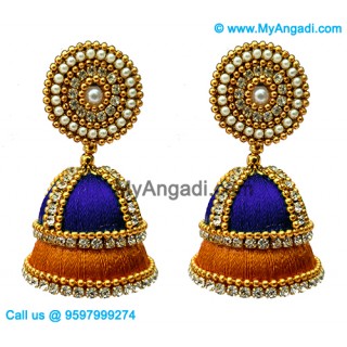 Dark Blue Colour - Golden Combination Silk Thread Jhumukka Earrings