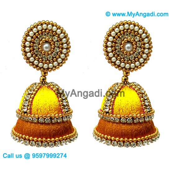 Yellow Colour - Golden Combination Silk Thread Jhumukka Earrings