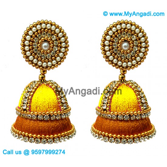 Yellow Colour - Golden Combination Silk Thread Jhumukka Earrings Yellow Colour - Golden Combination Silk Thread Jhumukka Earrings