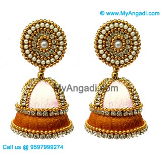 White Colour - Golden Combination Silk Thread Jhumukka Earrings