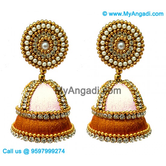 White Colour - Golden Combination Silk Thread Jhumukka Earrings