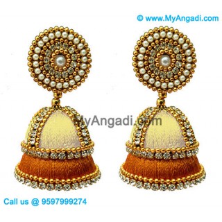 Ivory Colour - Golden Combination Silk Thread Jhumukka Earrings