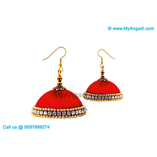 Red Colour Silk Thread Jhumukka Earrings