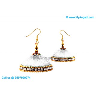 White Colour Silk Thread Jhumukka Earrings