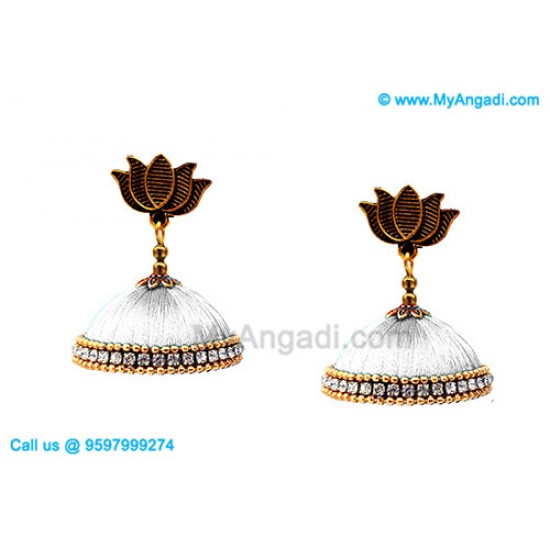 White Colour Silk Thread Jhumukka Earrings